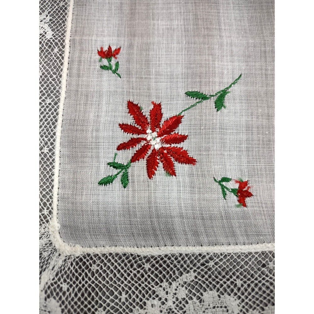 Vtg Swiss Cotton Handkerchief Red Poinsettia Embroidery White Lace Trim 12x12 - Picture 4 of 5